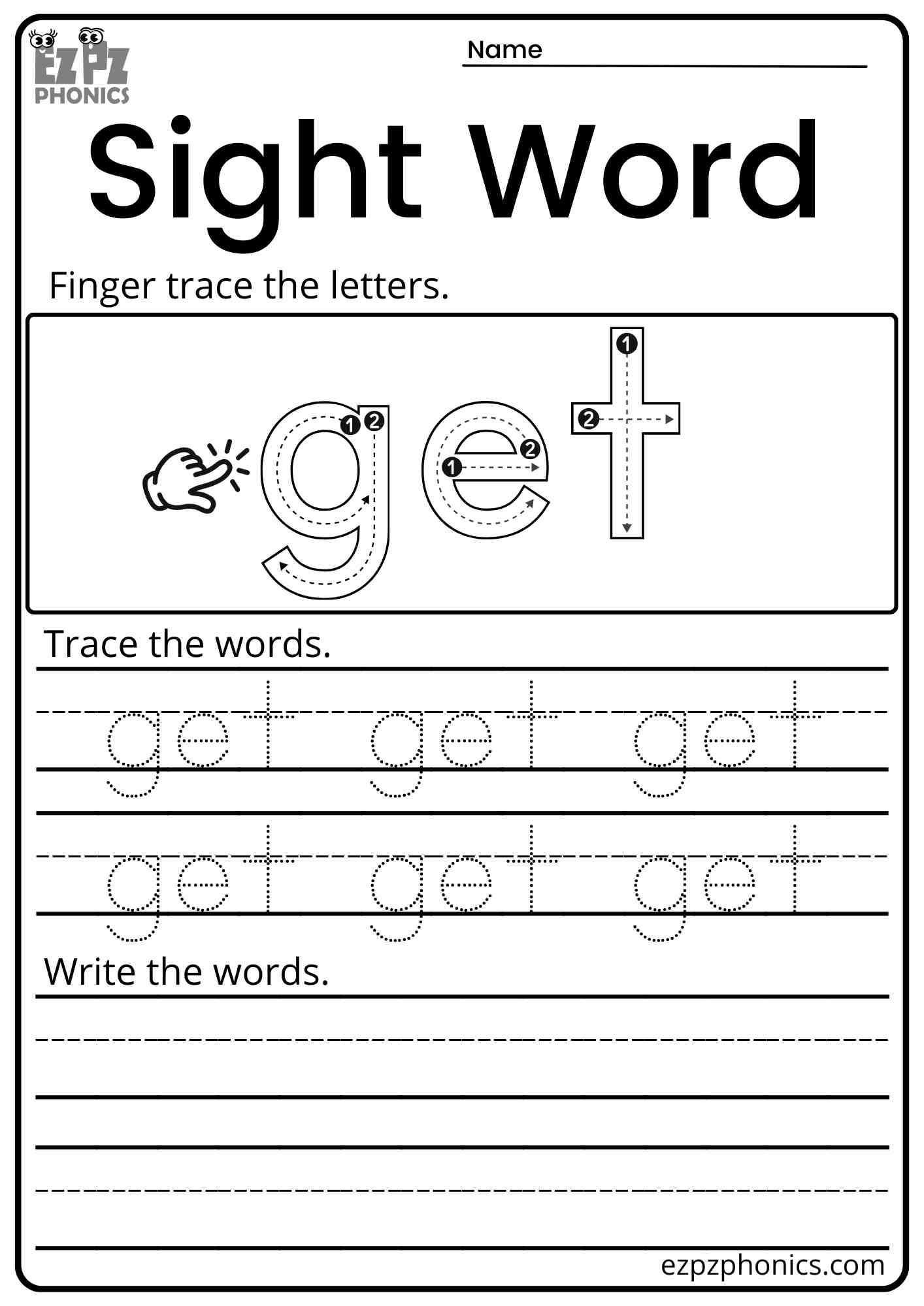 "Get" Dolch Kindergarten Trace and Write the Word Sight Word Worksheet PDF Download